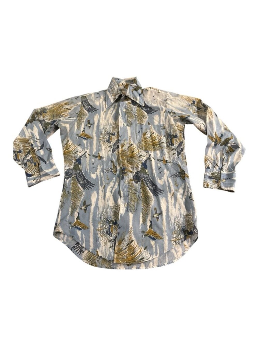Vintage 70s Gambles Duck Print Button Down Shirt Size Small Retro Nature Disco